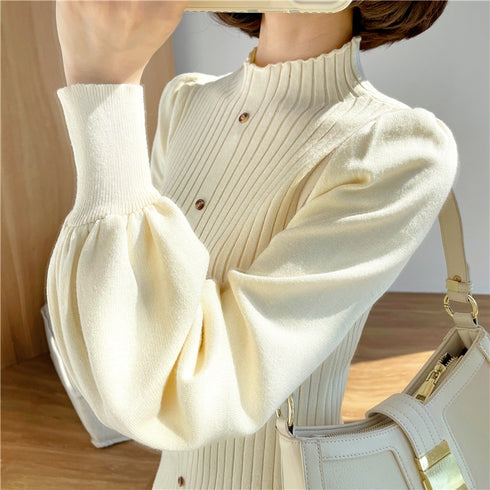 ぽわ袖ニットシンプルロングワンピース