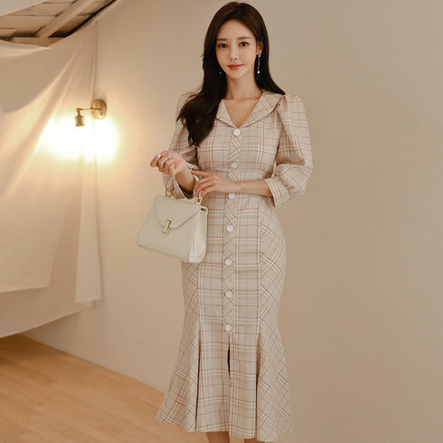 パステルチェックロングワンピース