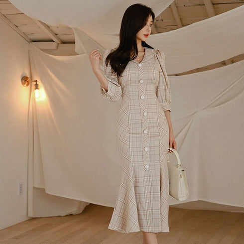 パステルチェックロングワンピース