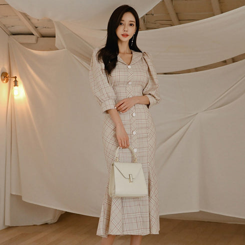 パステルチェックロングワンピース