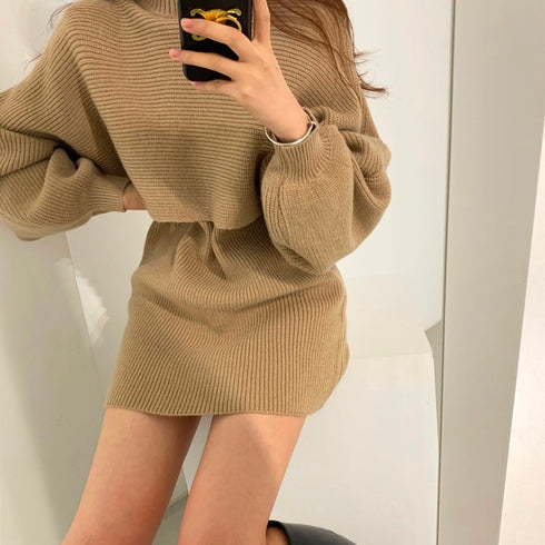 ぽわ袖ニットシンプルワンピSET