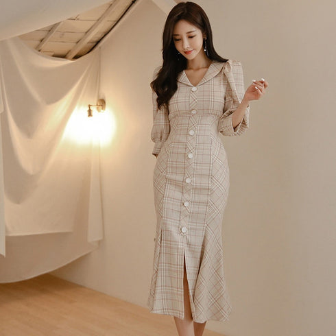 パステルチェックロングワンピース