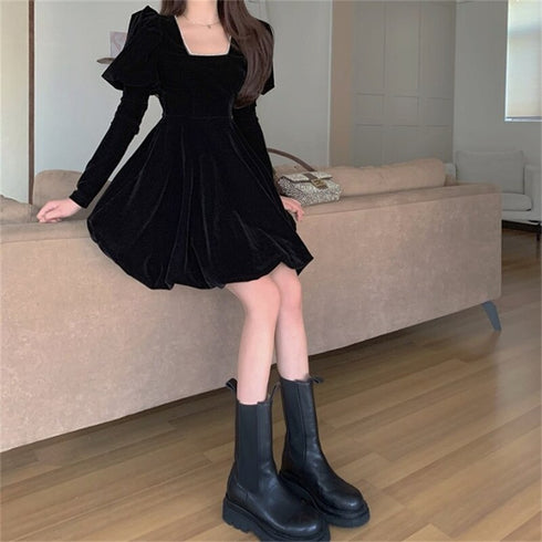 ベルベットパフショル長袖ワンピ