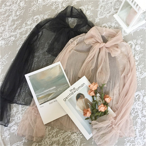 シアー長袖りぼんトップス