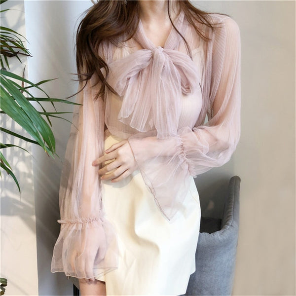 シアー長袖りぼんトップス