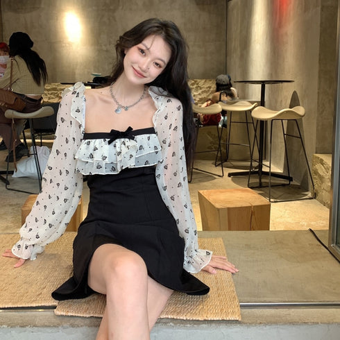 ミニフラワーブラックワンピ