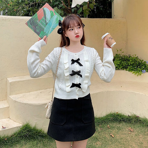 ブラックリボンフリルニット