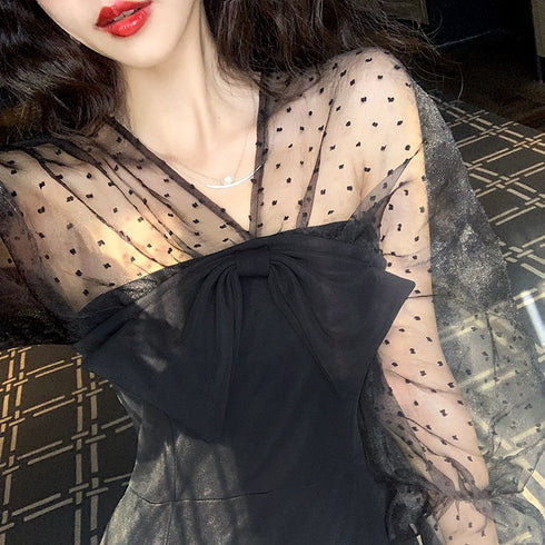 センターリボンスリットブラックワンピ