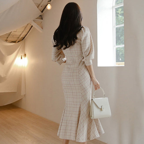 パステルチェックロングワンピース