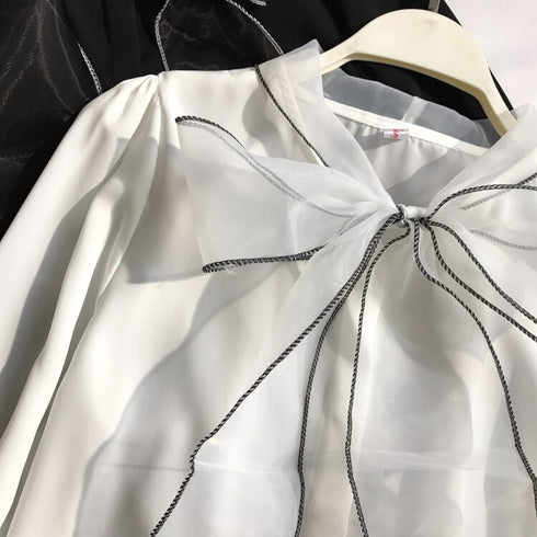 リボン長袖ブラウス