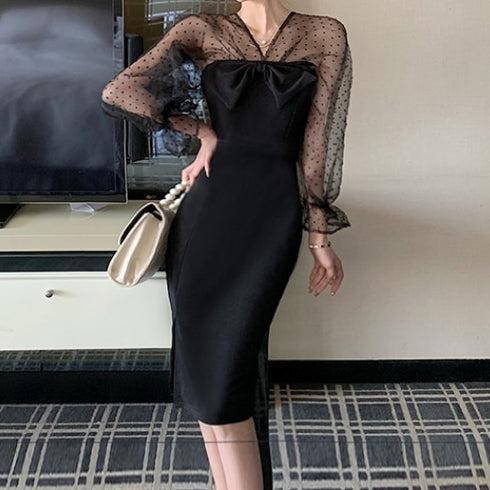 センターリボンスリットブラックワンピ