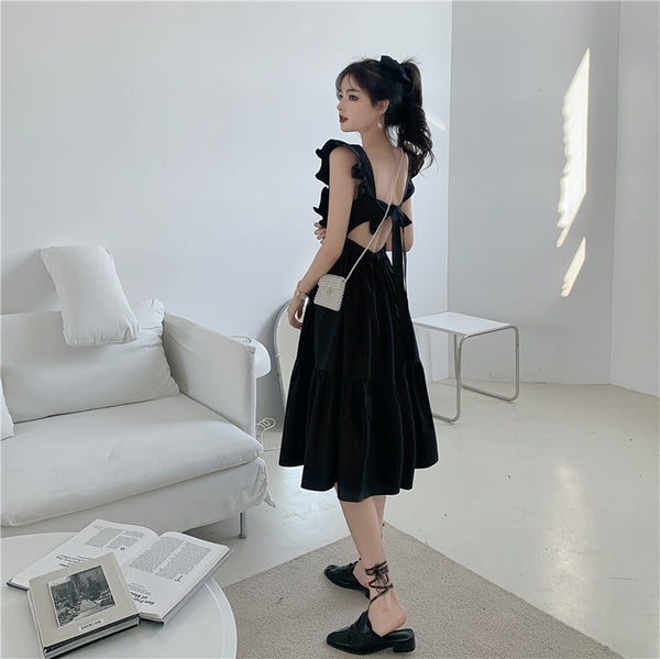 バックデザインフリルスリーブロングワンピ