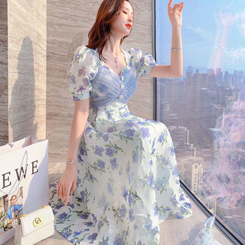 ブルーフラワーロングワンピース