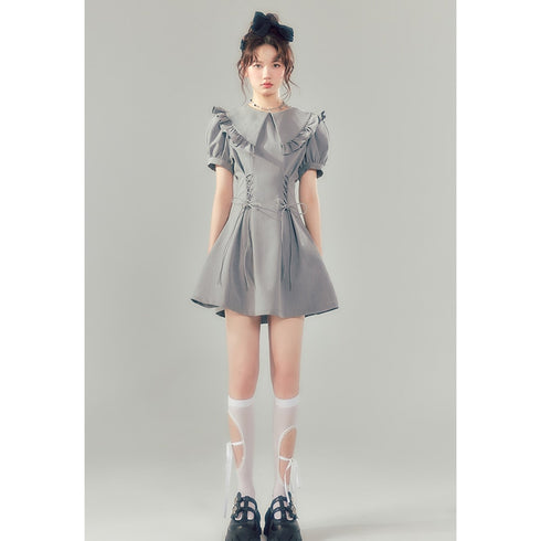 編み上げリボングレーワンピ