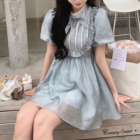 くすみブルーメイドワンピ