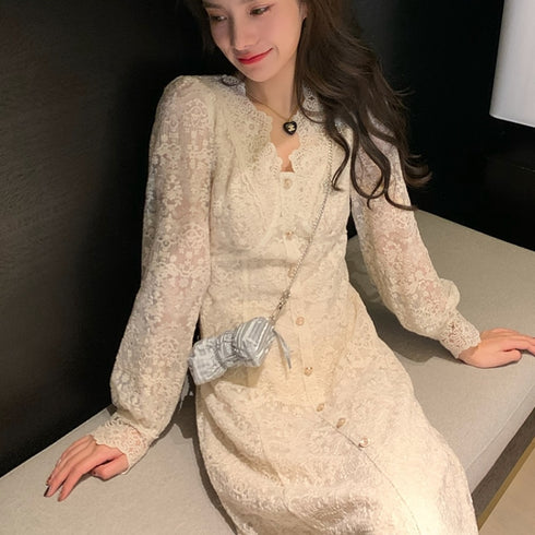 総レースフェミニンロングワンピ