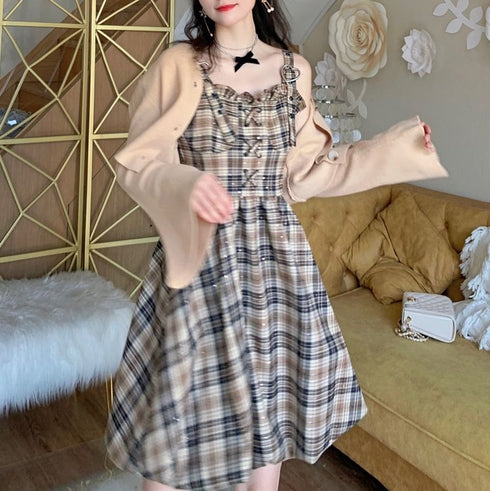 編み上げチェックデザインワンピース