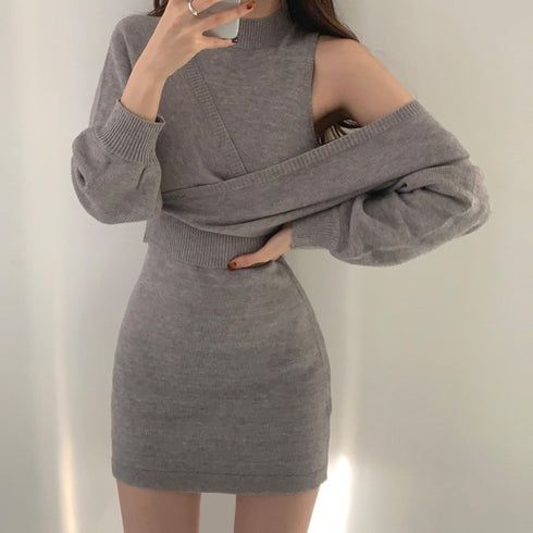 肩落ちミニ丈ニットワンピSET