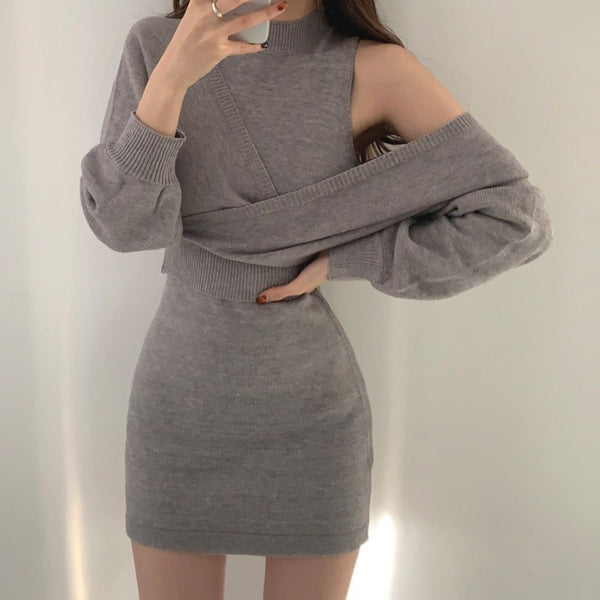肩落ちミニ丈ニットワンピSET