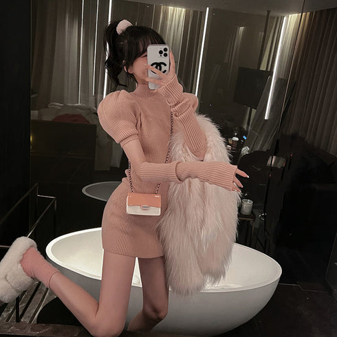 パフスリーブニットミニワンピ