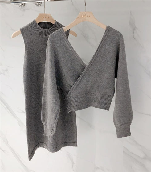 肩落ちミニ丈ニットワンピSET