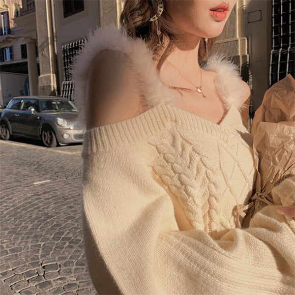 ファーオフショルニット