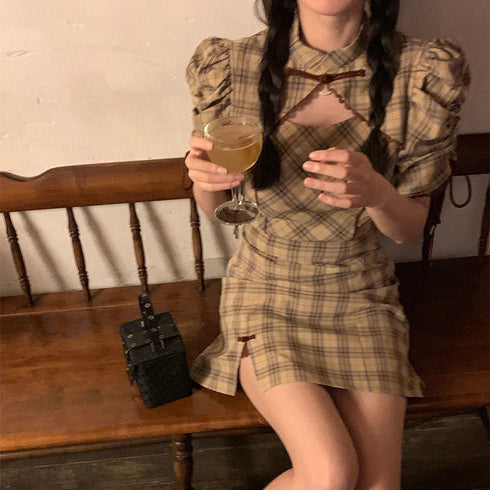 チャイナデザインチェックミニ丈ワンピ