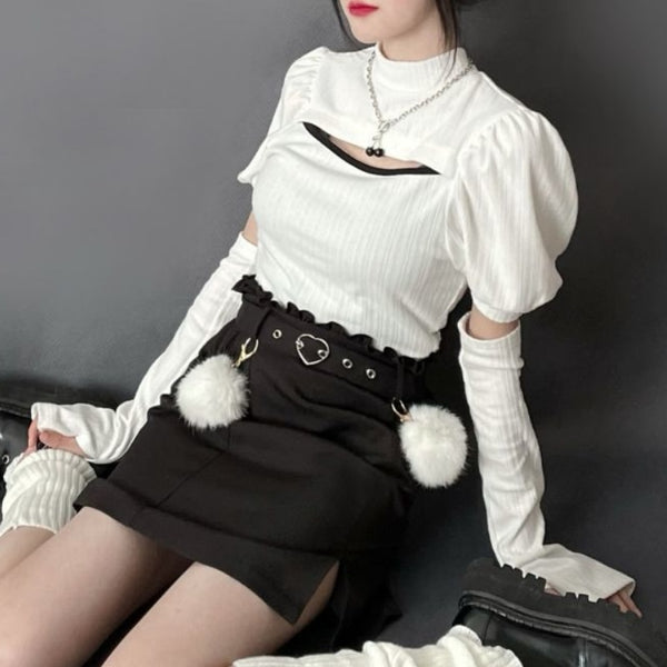 オープンデザインパフスリーブトップス