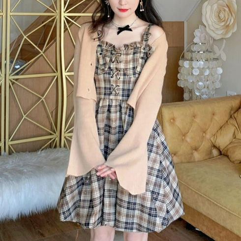 編み上げチェックデザインワンピース