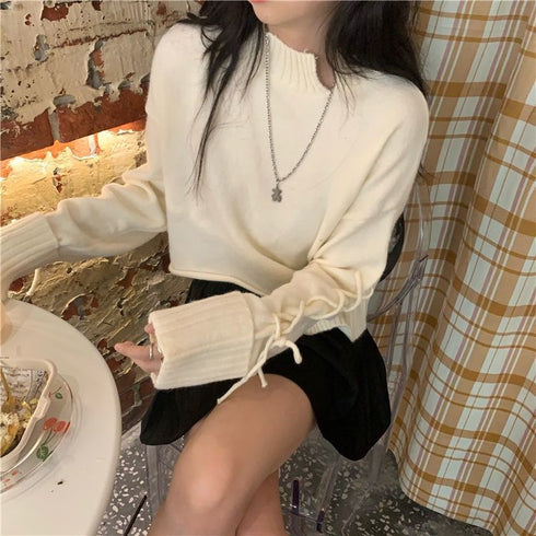 袖編み上げデザインニット