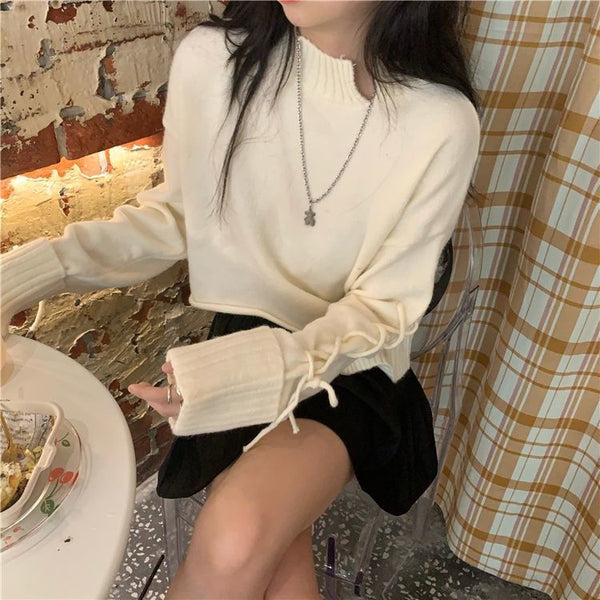 袖編み上げデザインニット