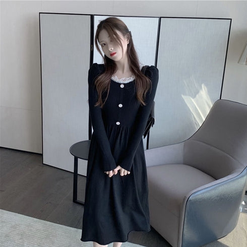 パールレースネックニットワンピース