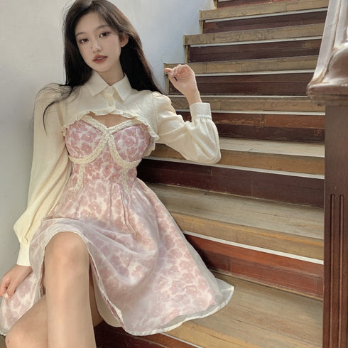 ショートシャツピンクワンピセットアップ