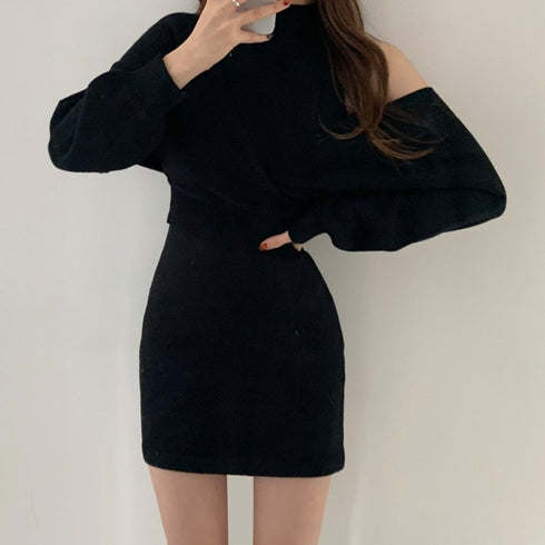 肩落ちミニ丈ニットワンピSET