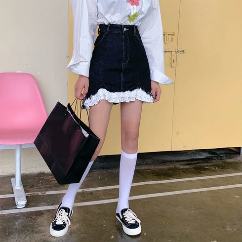 裾フリルデニムミニスカート