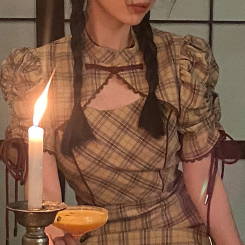 チャイナデザインチェックミニ丈ワンピ