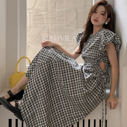 ウエストオープンチェックワンピ
