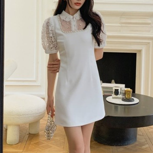 シアースリーブホワイトガーリーワンピース