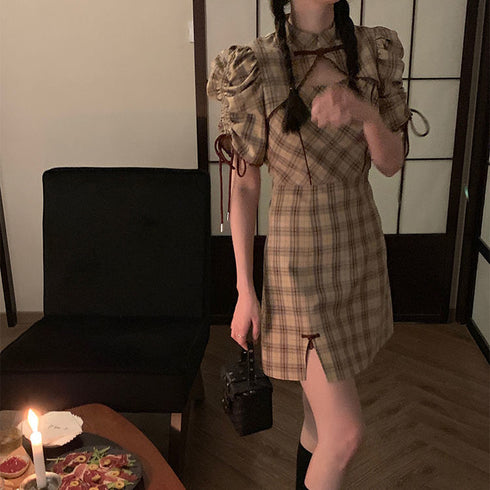 チャイナデザインチェックミニ丈ワンピ