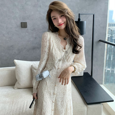 総レースフェミニンロングワンピ