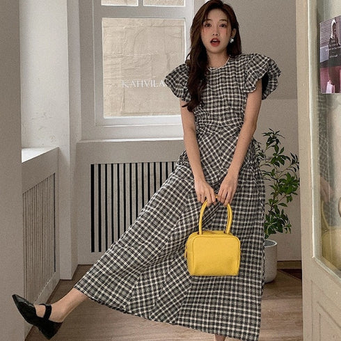 ウエストオープンチェックワンピ
