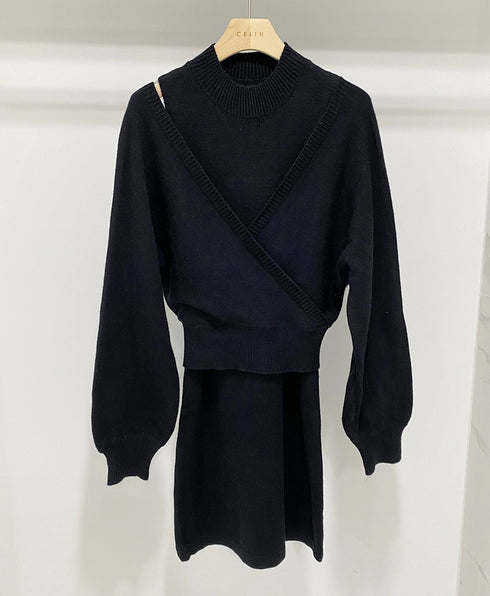 肩落ちミニ丈ニットワンピSET