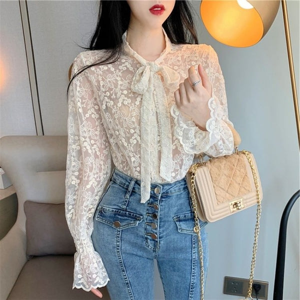 総レースリボンブラウス