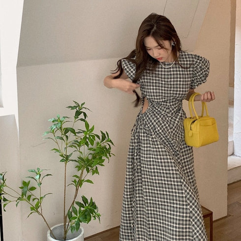 ウエストオープンチェックワンピ