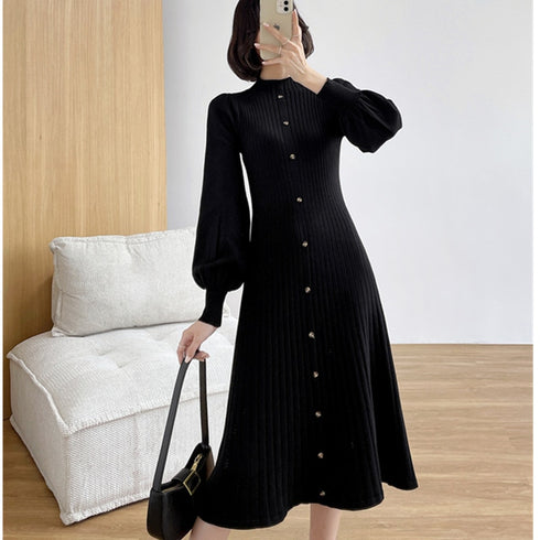 ぽわ袖ニットシンプルロングワンピース