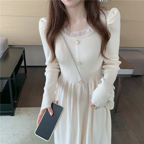 パールレースネックニットワンピース