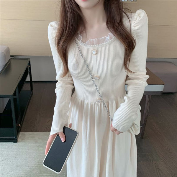 パールレースネックニットワンピース