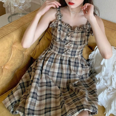 編み上げチェックデザインワンピース