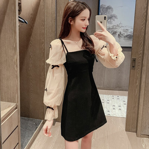 ブラックリボンミニ丈ワンピ