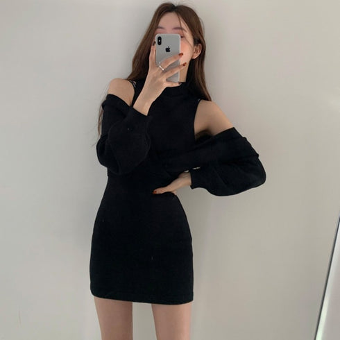 肩落ちミニ丈ニットワンピSET